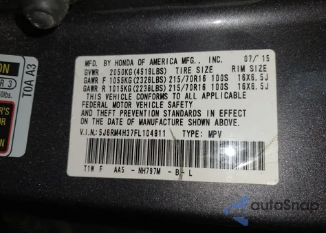 2015 Honda Cr-V Lx из США, поврежденный, VIN 5J6RM4H37FL104911